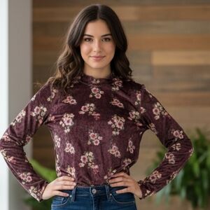 Planet Gold Floral Velvet Long Sleeve Brown Top Size L